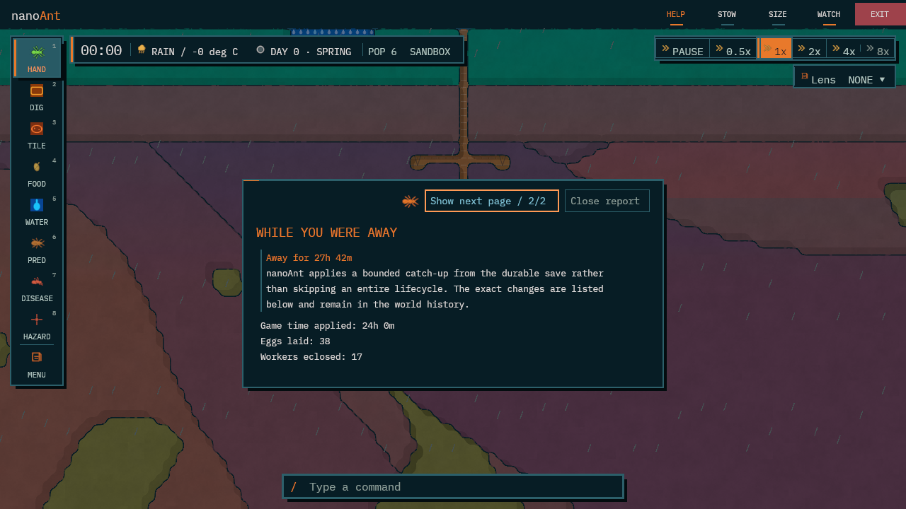A report listing the eggs laid and workers eclosed while the player was away.