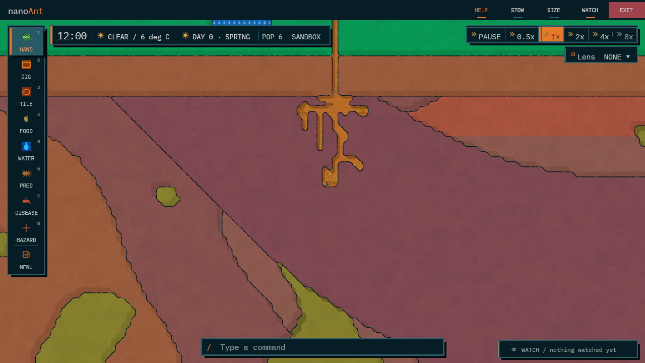 The nanoAnt game screen at midday, with numbered markers on each control: the title bar, the tool rail, the status strip, the colony, the speed control, the Lens button, the command bar and the WATCH pill.
