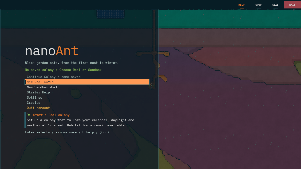 The nanoAnt start screen: the living colony fills the window, drawn as cut paper with ink outlines, and a darkened sheet down the left holds the nanoAnt wordmark, the colony's status and the menu.